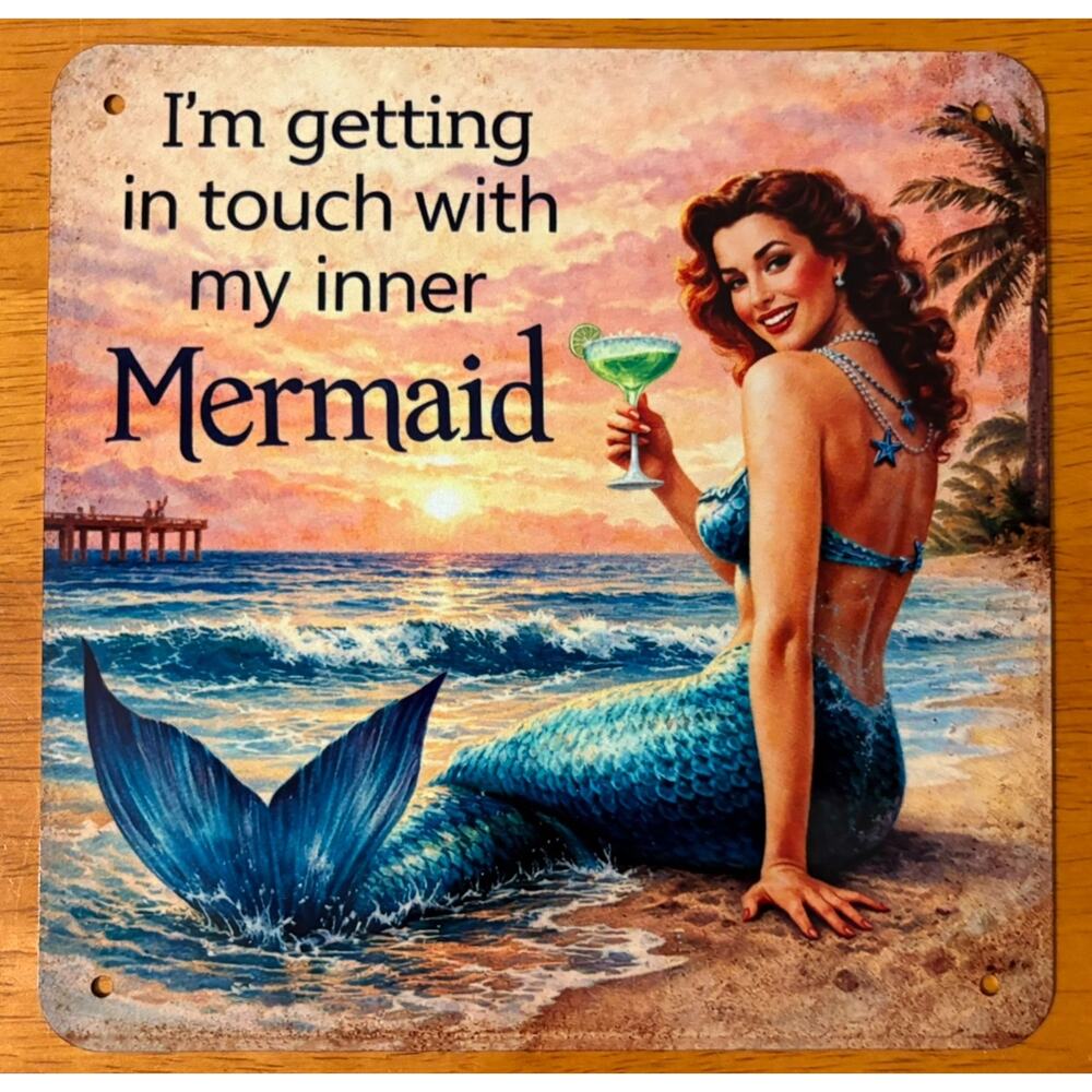 Pin Up Girl Mermaid Mini Sign Margarita Tropical Retro Tiki Beach Bar Decor New
